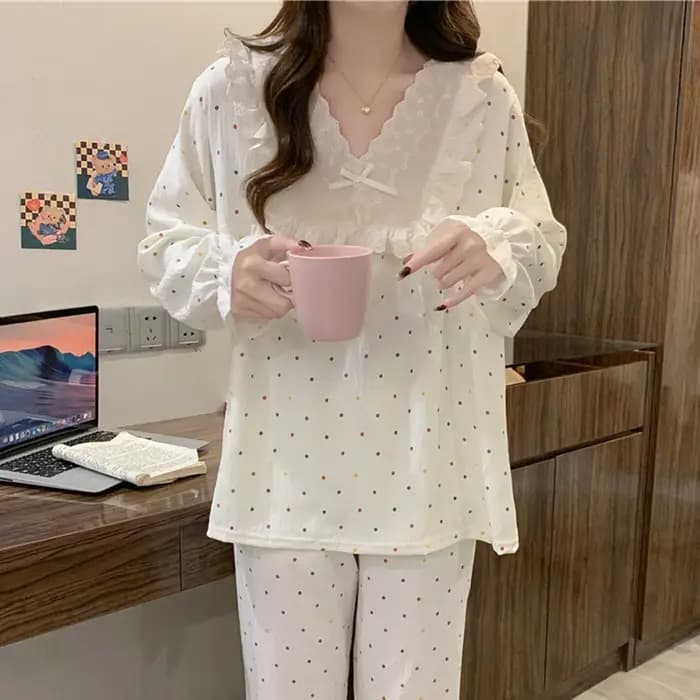 Ensemble de pyjama pour femmes à pois colorés printemps-automne, ensemble de pyjama décontracté simple 2 pièces, pyjama à col en V, vêtements de nuit doux, vêtements de maison PJS