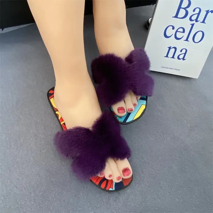 Chaussons moelleux en vraie fourrure de vison pour femme
