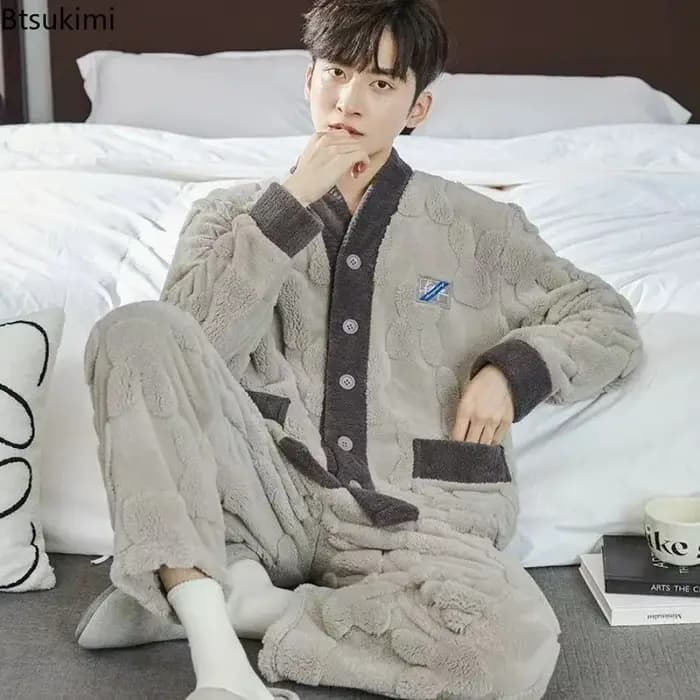 2025 pyjama en flanelle pour hommes deux pièces mode bouton col en v épaissir chaud maison costume doux vêtements de détente hiver mâle tenue de nuit