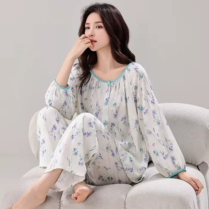 Pyjamas Femme nouvelle impression à manches longues pantalon ensemble élégant vêtements de nuit en coton femmes