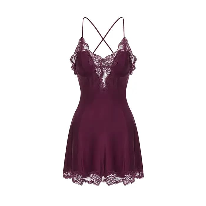 Violet élégant nuisettes profonde V doux soie dentelle Sexy chemise de nuit femmes vêtements de nuit