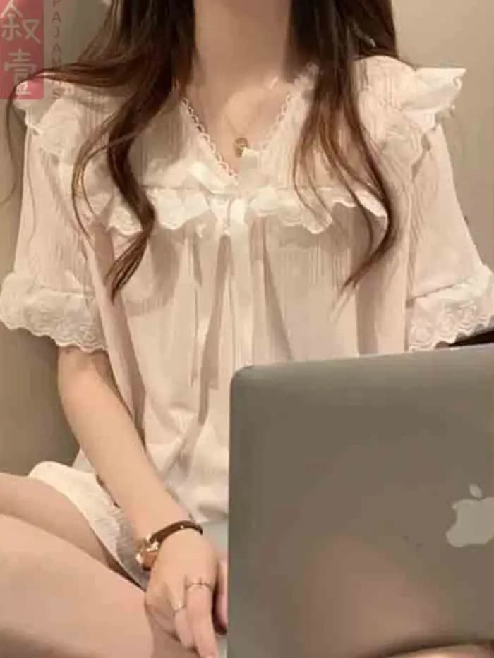 Pyjama ensembles femmes dentelle doux nœud princesse ample maison 5 couleurs mode tendre décontracté été Style japonais Vintage vêtements de nuit Chic