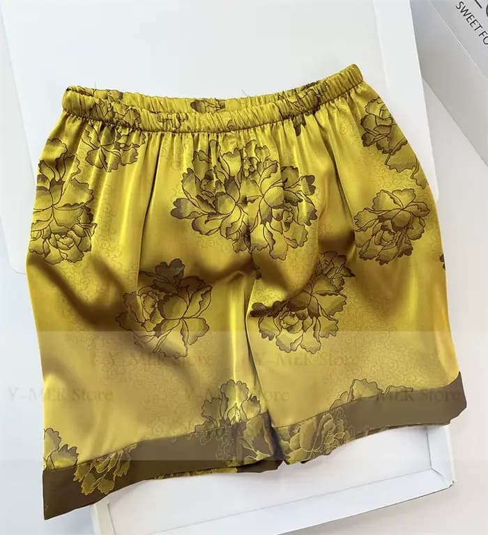 Pyjama Jacquard jaune Femme femmes vêtements de maison élégants à manches courtes Pijama Mujer Sexy dentelle garniture