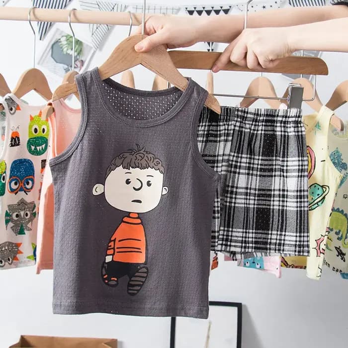 Pyjama court à carreaux pour garçon de 1 à 9 ans, tenue 2024 100% coton, 2 pièces, noir et blanc