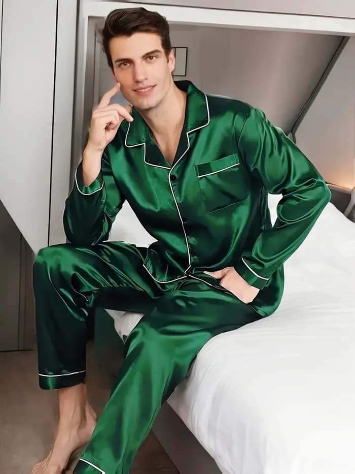 Hommes pyjama ensembles vêtements de nuit en microfibre pour dormir homme chemise Satin à manches longues