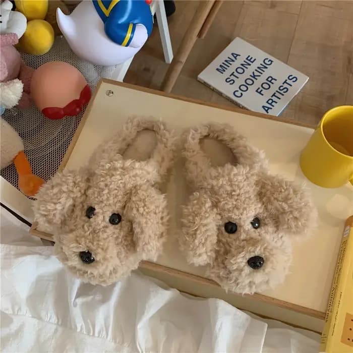 Pantoufles de caniche en peluche et silencieuses pour femmes, jolies pantoufles d'hiver en peluche p