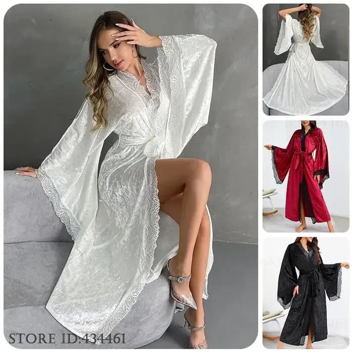 Élégant blanc velours longue Robe Kimono peignoir