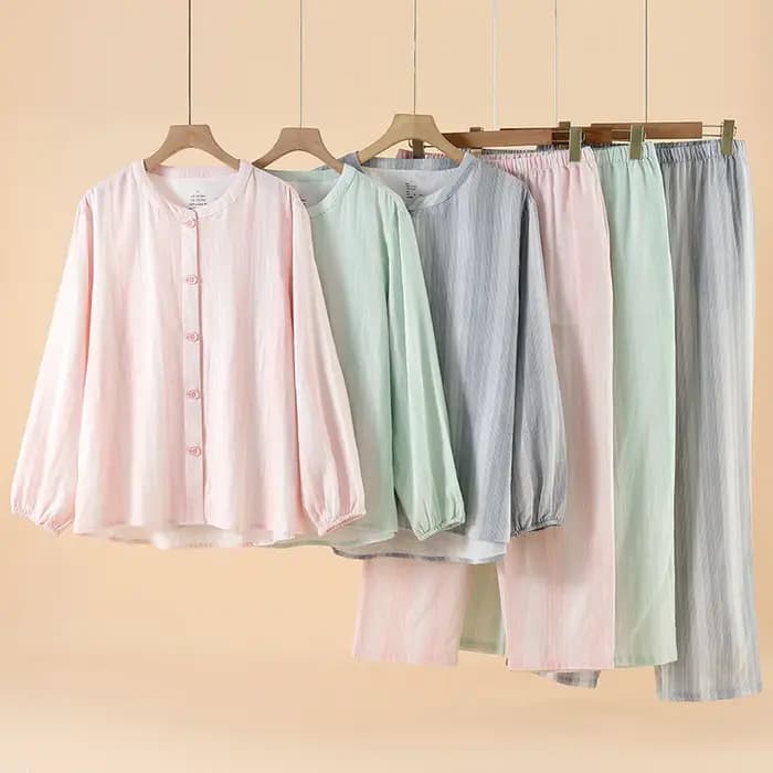 Pyjama en coton à rayures dégradées, Double gaze, vêtements de détente pour couples, col rond, manches longues, pantalon pour femmes, automne 2025