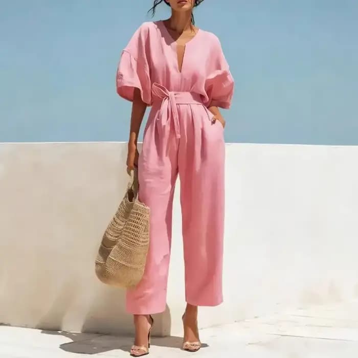 Combinaison confortable en coton et lin pour femme, avec poches, manches courtes cloche, col en V, jambes larges, pour l'été