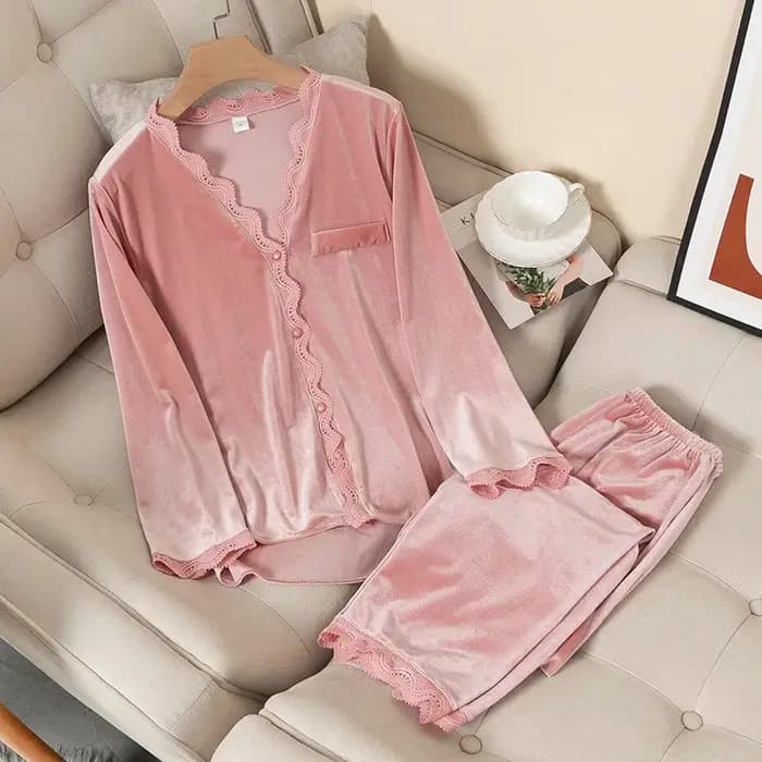 Nouveau velours vêtements de nuit femmes dentelle douce à manches longues deux pièces ensemble peut être porté à
