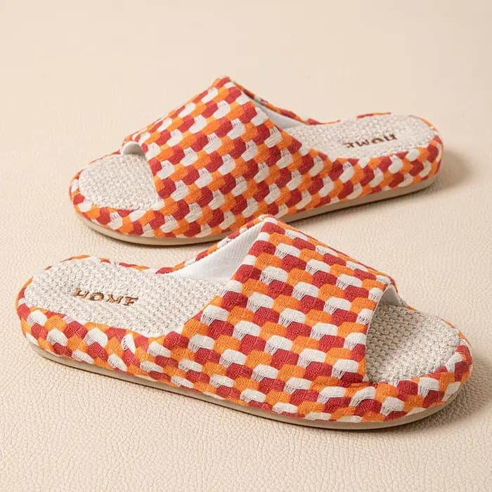 Nouvelles pantoufles plates en lin pour femmes, colorées et tendance, chaussures d'été de créateur p