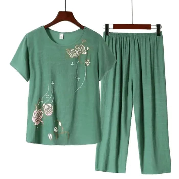 Ensemble de pyjama en lin et coton à imprimé floral pour femmes âgées, manches courtes, ample, grande taille, tenue d'été pour maman, tenue à domicile en deux pièces