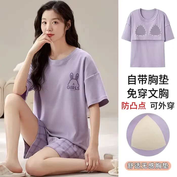 Pyjama d'été 100% coton pour femmes avec soutien-gorge rembourré
