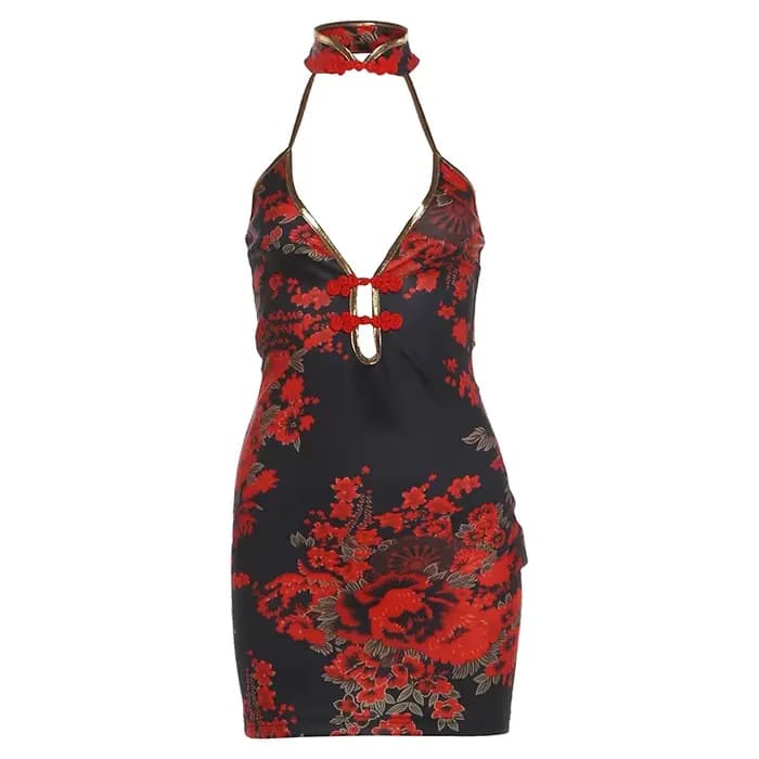 Robe Courte Sans Manches Femme Sexy Halter Imprimé Floral Bodycon Y2K Noire et Rouge Tenue de Soirée