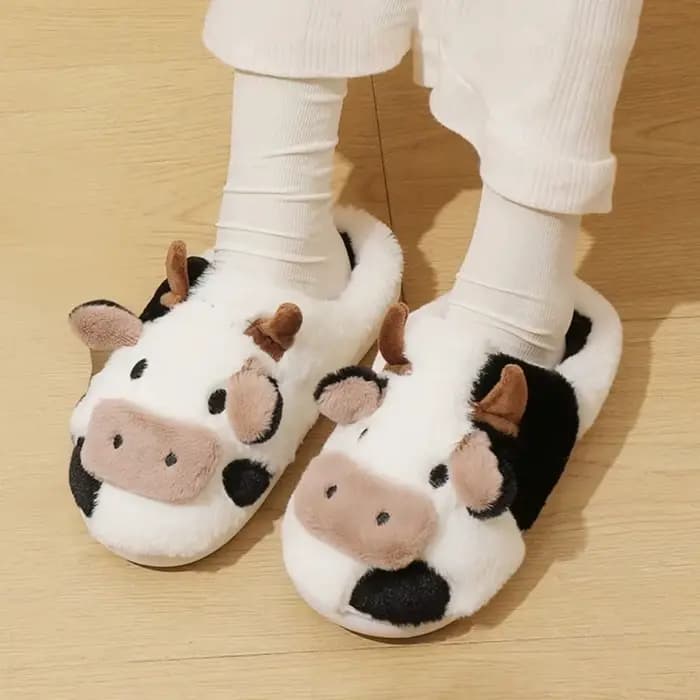 1 paire de pantoufles en peluche de vache antidérapantes de dessin animé