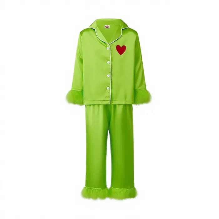 Hirigin femmes pyjamas de noël vert Satin soie plume garniture boutonné chemises Jammies noël Grinch correspondant Pjs tenues
