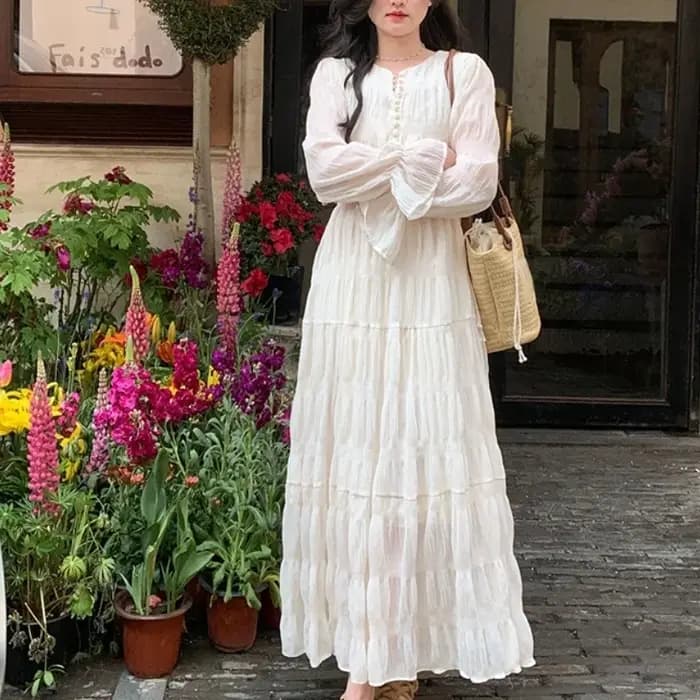 Robe longue plissée à manches évasées pour femmes, robes vintage, mode coréenne, vêtements éducatifs