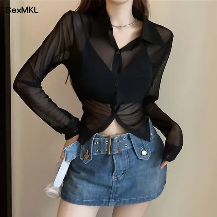 Voir à travers les chemises en mousseline de soie femmes 2024 printemps été Blouses à manches longue