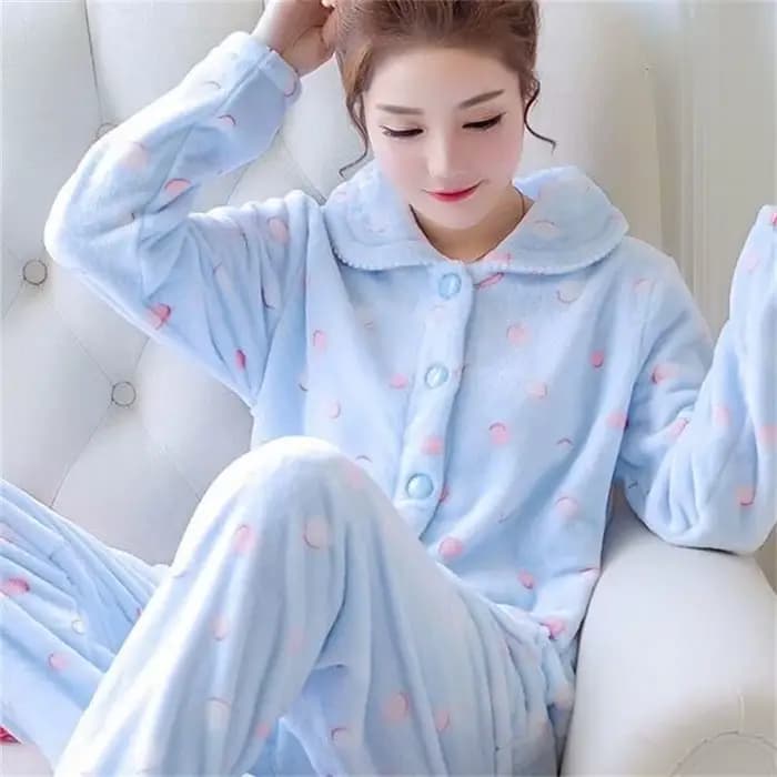 Ensemble de pyjama en flanelle polaire pour femmes, imprimé de dessins animés mignons, col à revers,