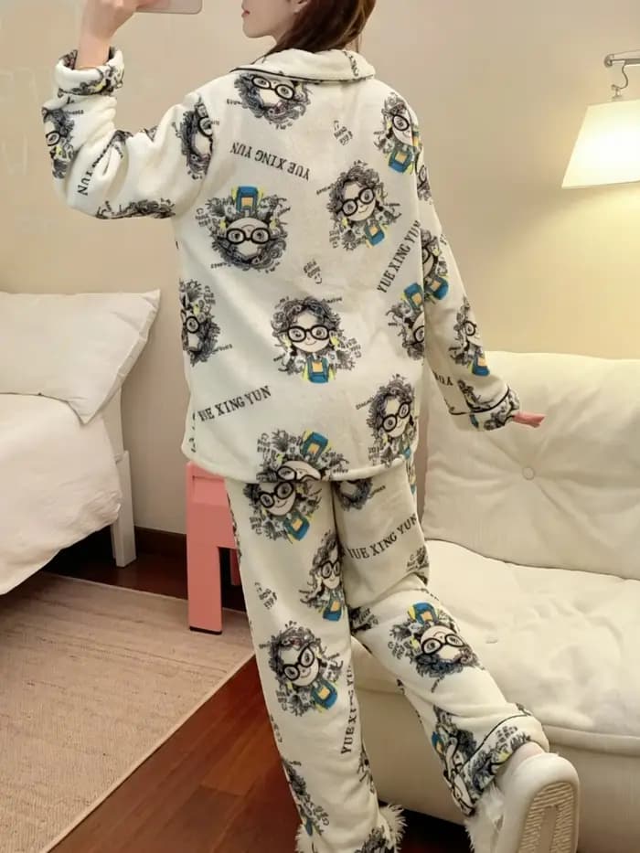 Ensemble de pyjama pour femme avec imprimé de lettres, mignon, chaud pour l'hiver, décontracté, doux, en polaire corail épaisse, vêtement de nuit vintage coréen.
