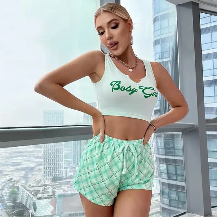 Ensemble de pyjama sexy pour femme, vêtements de nuit, lingerie décontractée, caraco imprimé, short à carreaux, nuisette, vêtements de détente