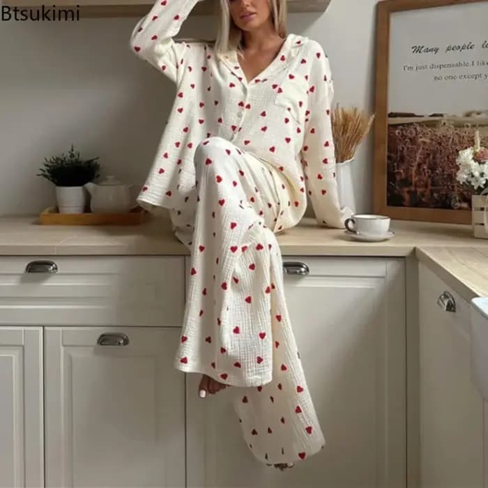 Nouveau 2026 amour coeur imprimé pyjama 100% coton à manches longues ensemble 2 pièces tenue revers vêtements de nuit