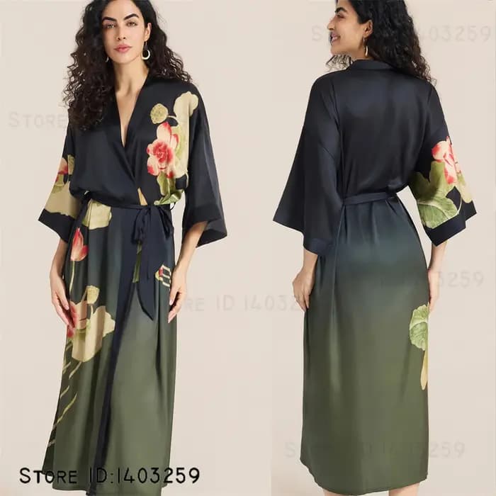 Grande taille femmes longue Robe chemise de nuit imprimé fleuri Kimono peignoir