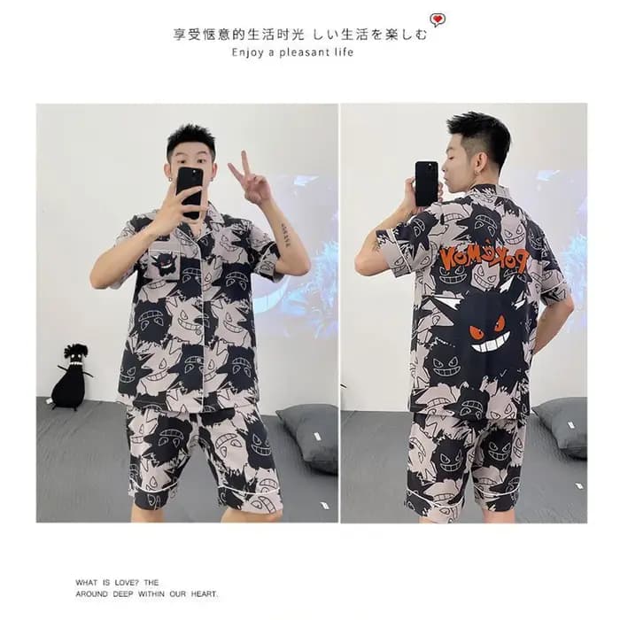 Ensemble pyjama 2 pièces pour homme Anime Gengar, chemise à manches courtes boutonnée à imprimé dessin animé + short, vêtements de détente doux, vêtements de nuit tendance pour l'été