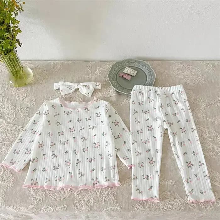  Nouveauté bébé filles imprimé fleuri coton pyjama ensemble à manches longues dentelle garniture deux pièces vêtements
