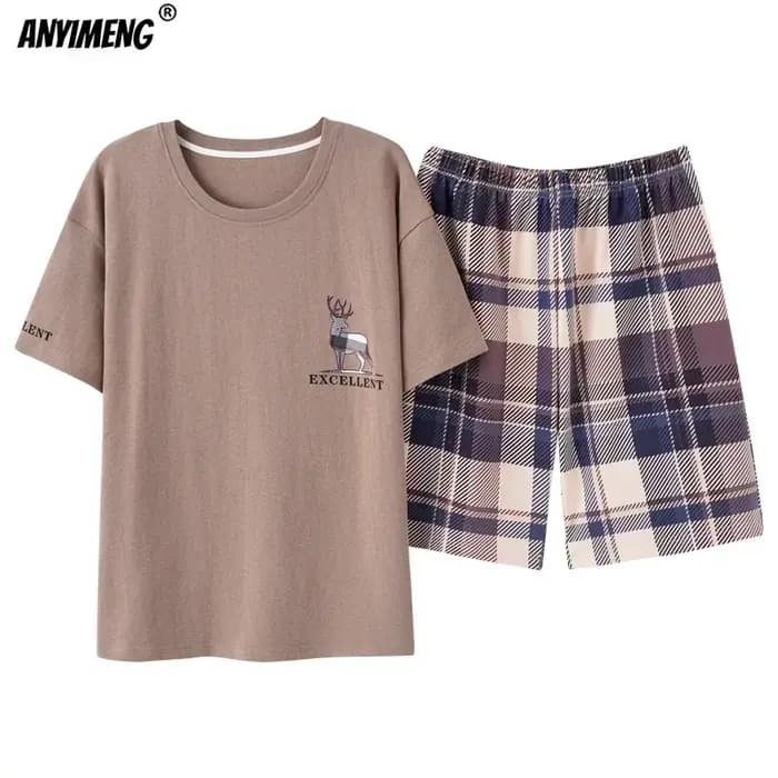 Hommes grande taille vêtements de salon mode coton pyjamas été court Pj ensemble kaki cerf imprimé élégant Plaid Homewear 3xl 4xl vêtements de nuit