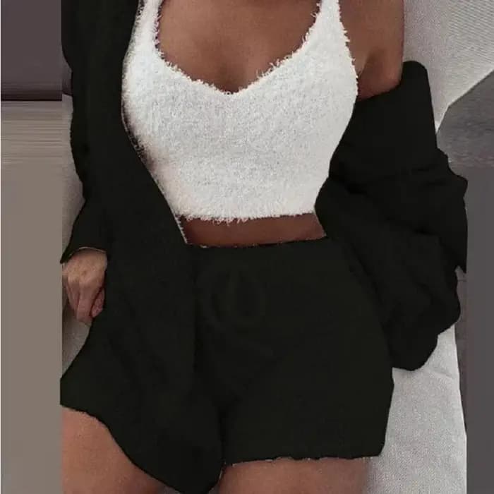 Nouvel ensemble de pyjama en velours pour femme 2026 – Haut court sexy + short + veste – 3 pièces – Tenue décontractée