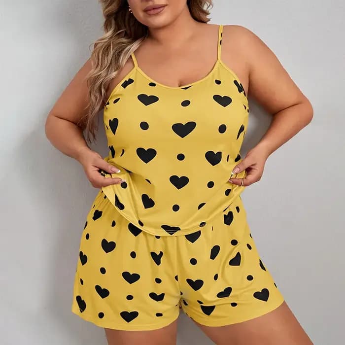 Plus Size Women Pajama Set Sleeveless O Neck Top & Elastic Waist Shorts Heart Print 2 Pieces Female Sleepwear Nightwear