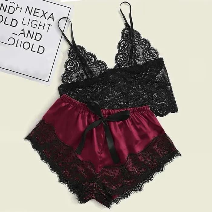 1 ensemble de pyjamas femmes déshabillé en dentelle Lingerie hauts courts et shorts nuisette pyjamas