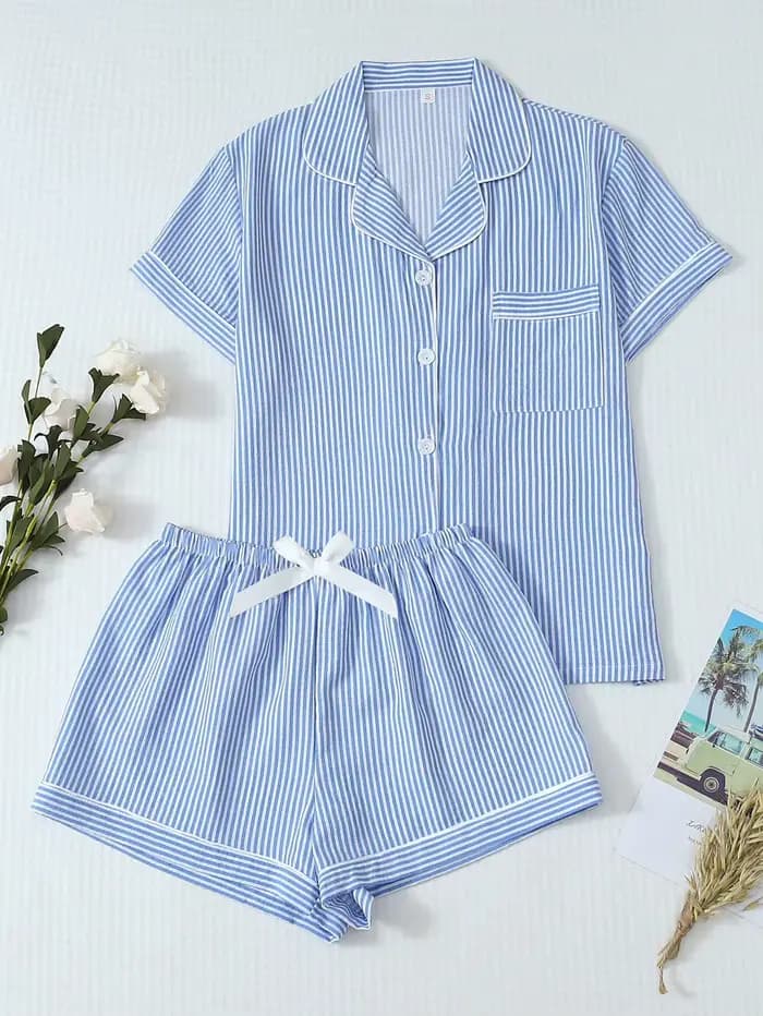 Pyjama classique rayé avec imprimé nœud pour femme