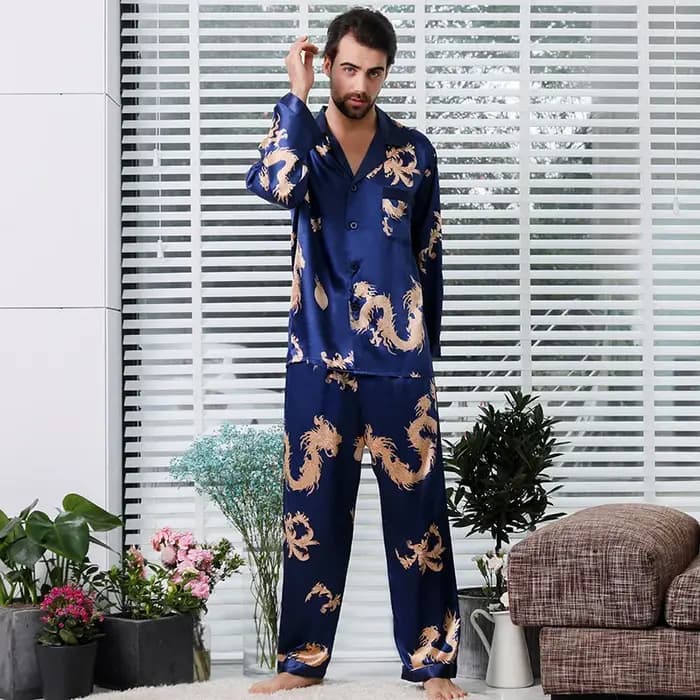 Ensemble de pyjama à manches longues pour hommes, vêtements de nuit deux pièces, rayonne, motif dragon, style chinois, maison, couples