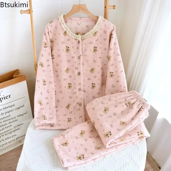 Pyjama deux pièces en flanelle épaisse pour femme, vêtements de maison, motif Floral, vêtements de nuit doux, manches longues, ensemble pour dames, nouvelle collection automne