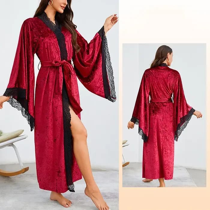 Élégant blanc velours longue Robe Kimono peignoir