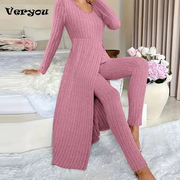 Ensemble de tenues décontractées pour femmes, vêtements de maison, couleur unie, côtelé, manches longues, col rond, ourlet fendu, haut et pantalon, ensemble 2 pièces, automne et hiver