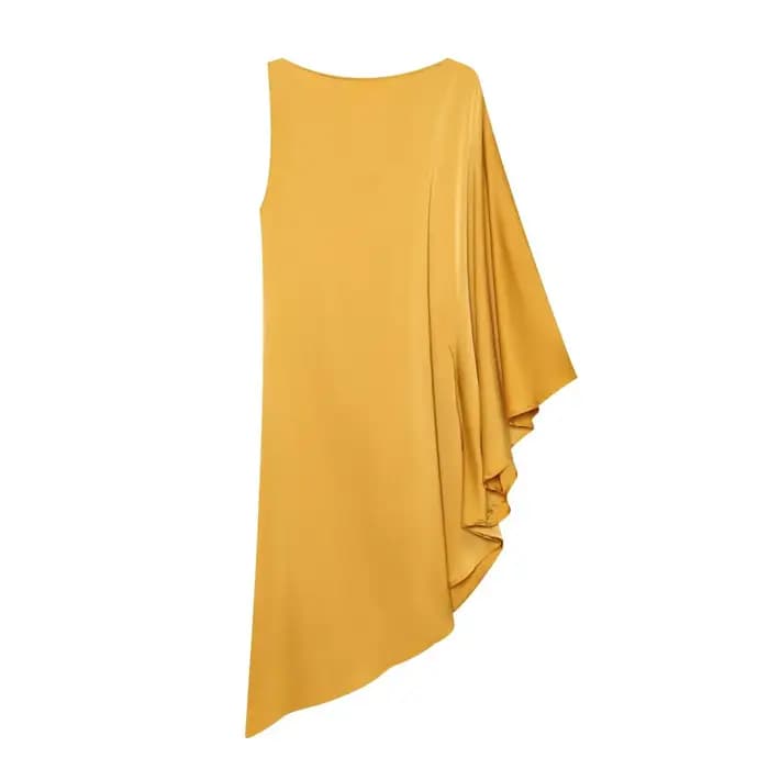 Nouvelle Robe Mini Asymétrique en Satin Moutarde Luxe Style Old Money pour Femme
