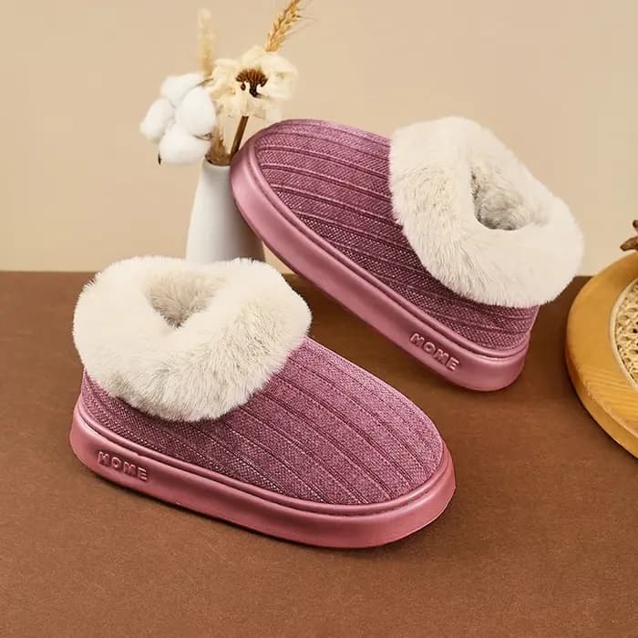 Chaussons en tricot moelleux pour femmes, chaussures d'hiver fermées à l'arrière, bottes d'intérieur en peluche à col duveteux pour femmes, semelle épaisse antidérapante.