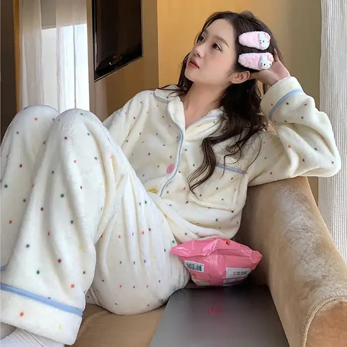 Pyjama en polaire pour femme, ensemble pyjama à pois pour étudiante, vêtements de détente épais et chauds pour filles, pantalon ample à manches longues pour femme
