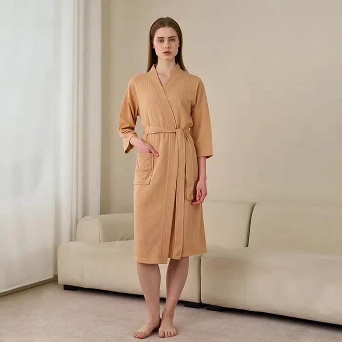 Peignoir tissé gaufré, Style nordique minimaliste, pour Couple, Spa, avec ceinture, multicolore, cou