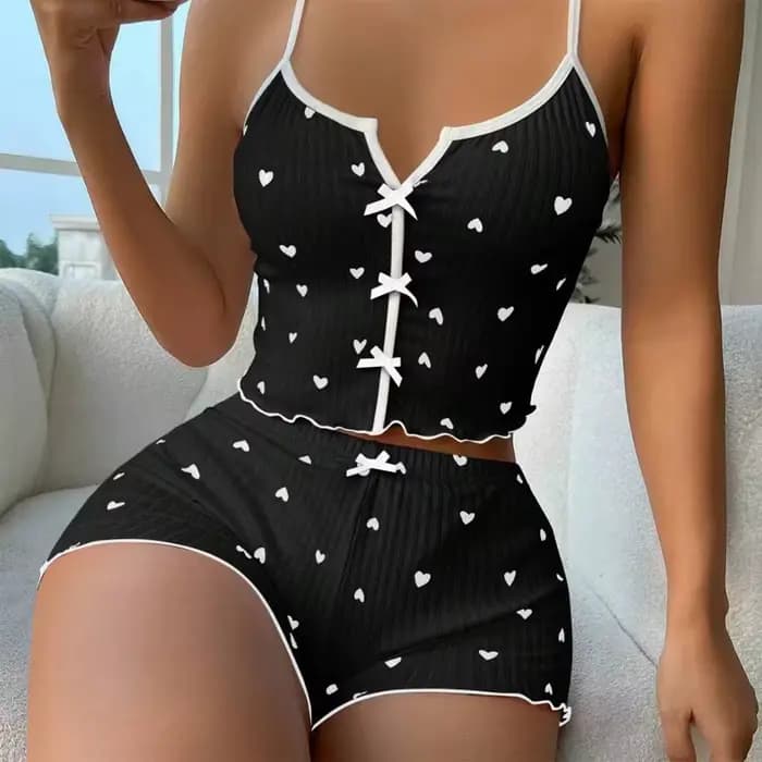 Ensemble de pyjama pour femme en tissu côtelé doux à imprimé cœurs