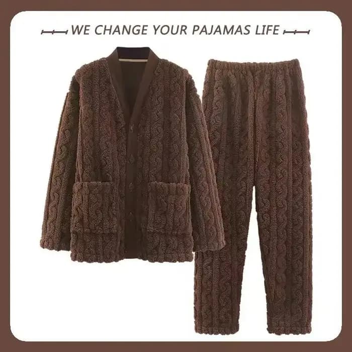 Nouveau automne hiver épais pyjamas ensemble pour hommes coréen Teddy Jacquard col en v bouton vêtem