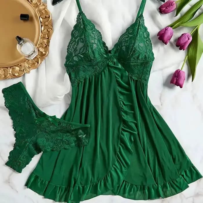 Été doux pure nuisette pyjamas chemises de nuit vert foncé licou robe femmes vêtements
