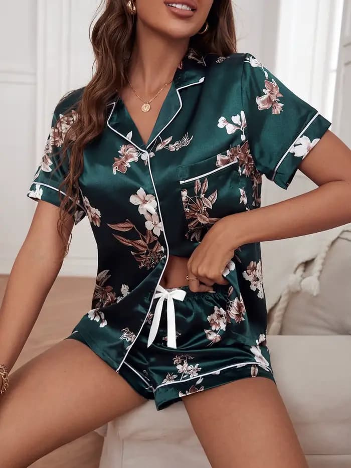 Pyjama pour femmes, ensemble de vêtements de détente imprimés floraux élégants