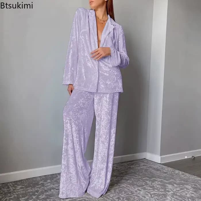 Nouveau velours Beige 2 pièces ensembles de vêtements de maison hiver hauts à manches longues et pantalons taille haute