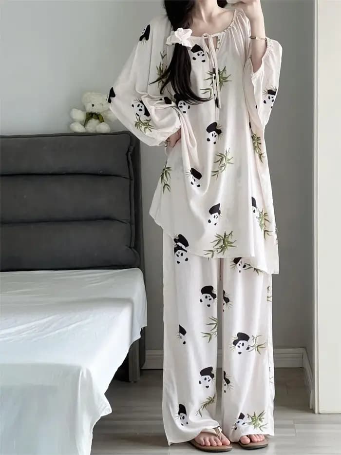 Pyjama populaire pour femmes, imprimé panda et léopard, imitation coton, style printemps-automne, no