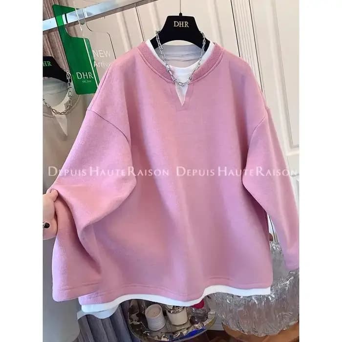 Femmes surdimensionnées vêtements mode coréenne Patchwork col rond faux deux pièces femme tout-match ample à manches
