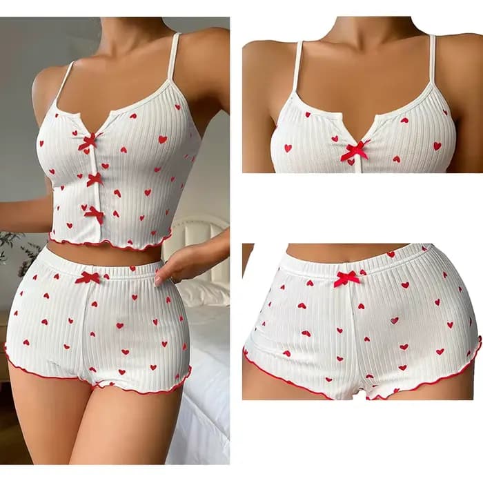 Ensemble de pyjama pour femme en tissu côtelé doux à imprimé cœurs